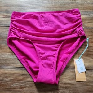 Kona Sol Bikini Bottom Women's L Hot Pink Shirred High Waist High Coverage NEW